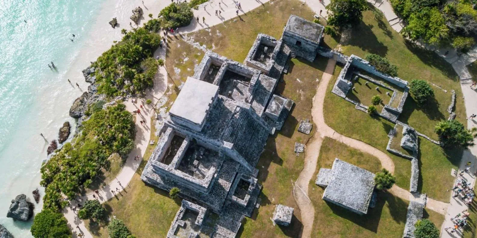 Aerial view of a Tulum archaeological structure; not an included visit