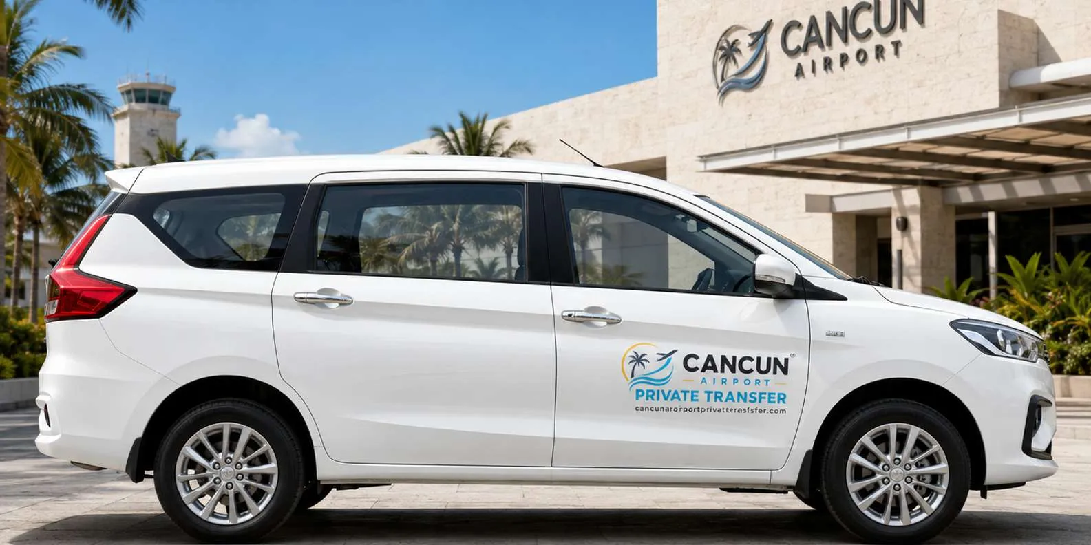 White MPV outside a Cancún Airport building